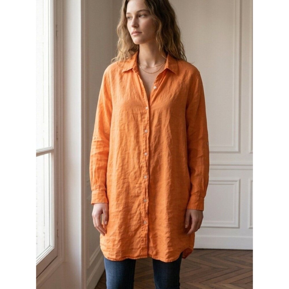 Rosemarine 100% Linen Button-Front Orange Tunic Shirt Size Large